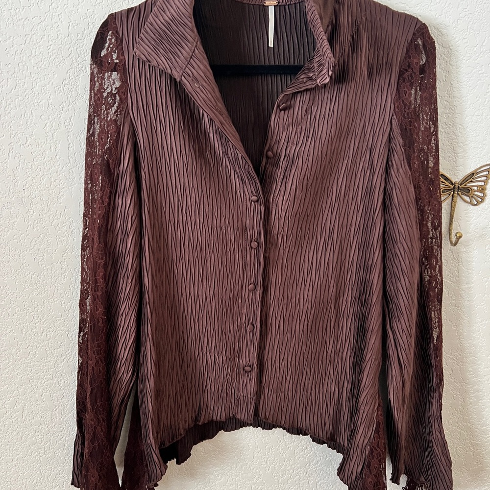 Free People Eggplant Plisse and Lace Blouse